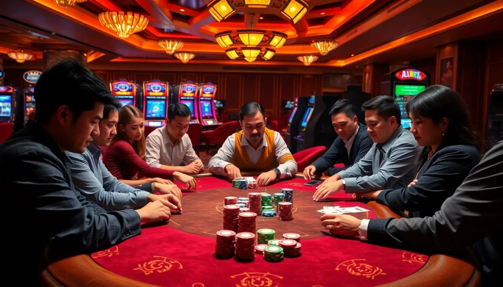 Engaging poker game scene at Nhà Cái Uy Tín with vibrant atmosphere and rich casino elements.
