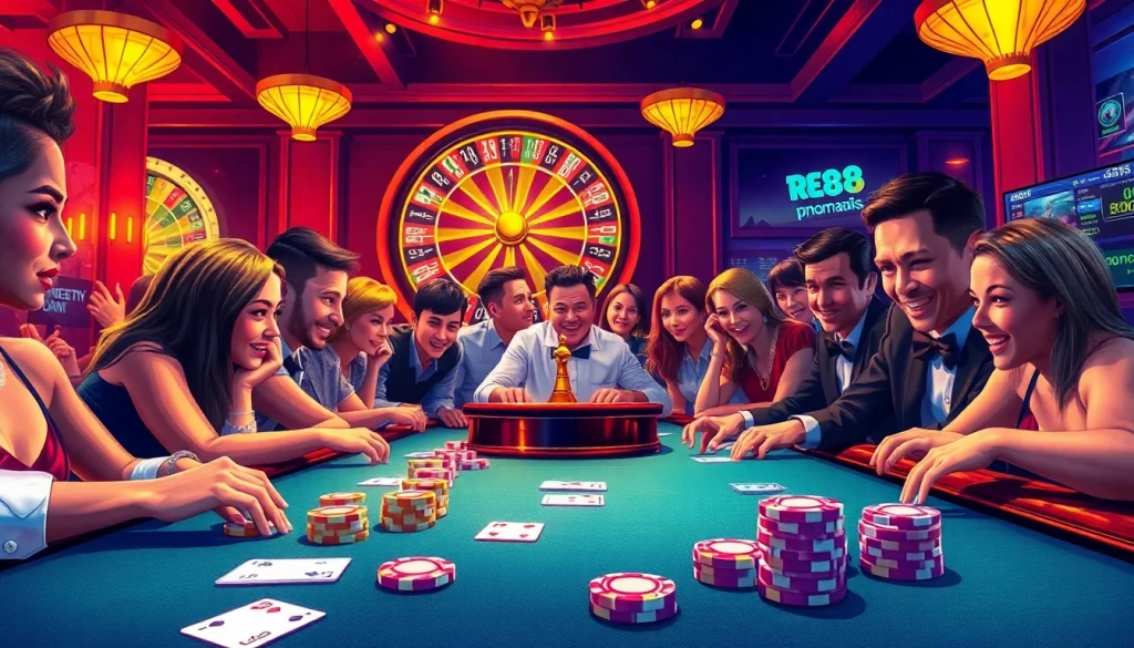 Experience thrilling poker action at red88 with vibrant chips and cards in a luxurious casino setting.