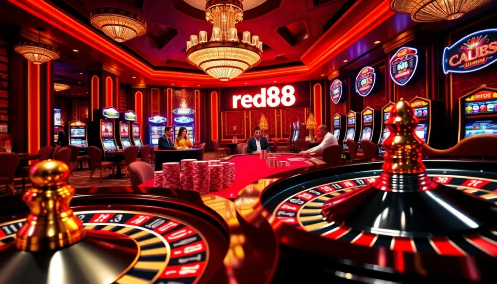 red88 poker table with vibrant chips and intense players, capturing high-stakes gambling excitement.