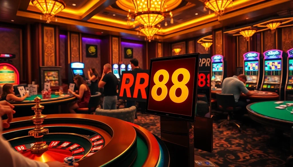 Experience the thrill of RR88 with glamorous casino tables, vibrant slot machines, and excited players immersed in gambling fun.